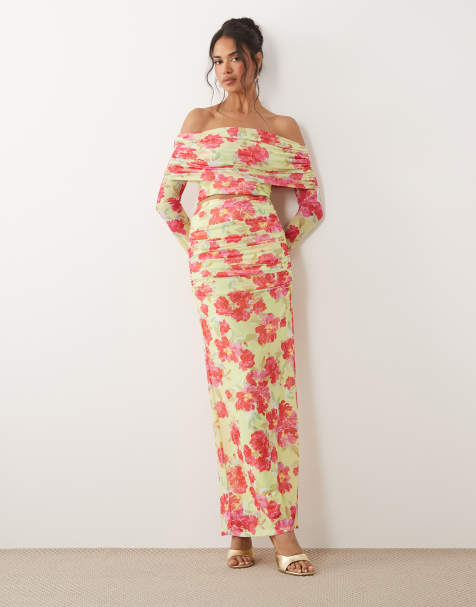 AFRM mesh foldover bardot crop top and mesh maxi skirt co-ord in lime and pink floral - view 1
