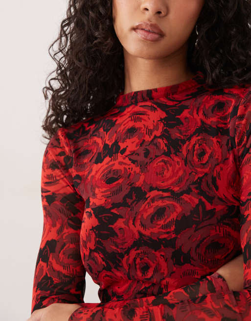 AFRM mesh high neck long sleeve tie detail mini dress in red floral print, 2 of 4