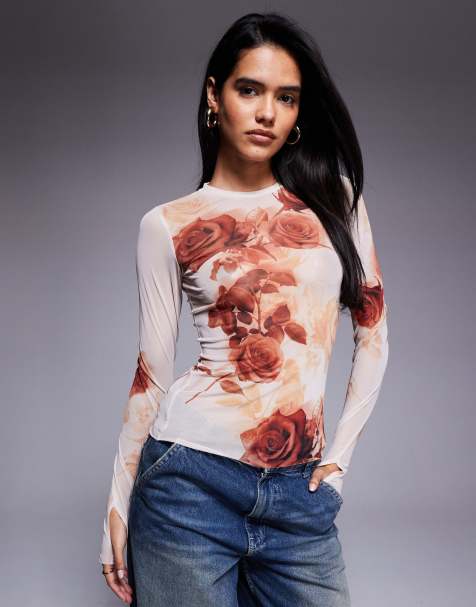 AFRM mesh long sleeve top in beige rose print
