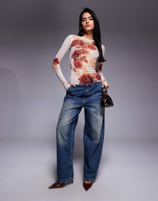 AFRM mesh long sleeve top in beige rose print, 3 of 4