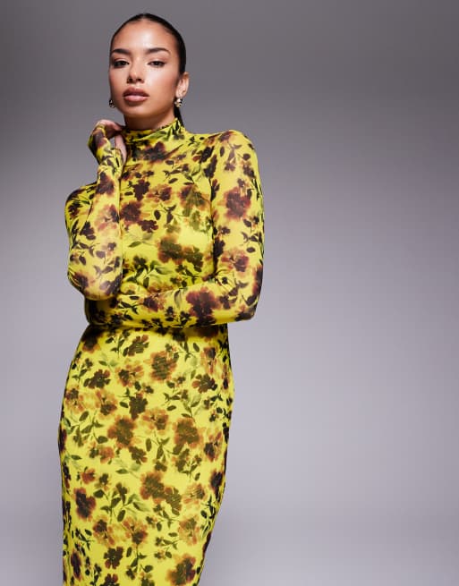 AFRM mesh roll neck long sleeve midaxi dress in lime green floral, 3 of 4