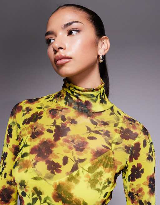 AFRM mesh roll neck long sleeve midaxi dress in lime green floral, 4 of 4
