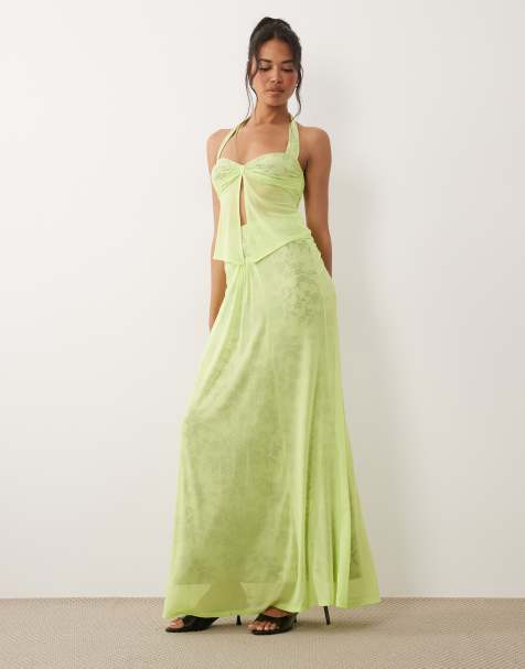 AFRM mesh sweetheart halterneck top and mesh knot detail maxi skirt co-ord in acid lime - view 1