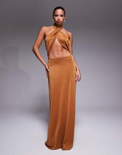 AFRM - Metallic maxi-halterjurk met uitsnijding in brons - view 1