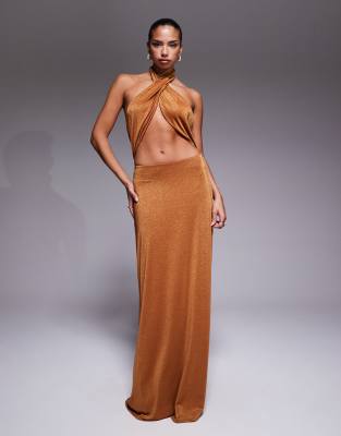 AFRM - Metallic-Strick-Maxikleid in Bronze mit Neckholder und Cut-outs-Brown