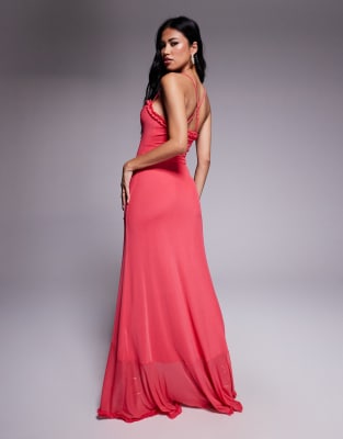 Afrm Micro Ruffle Mesh High Low Maxi Dress In Pink