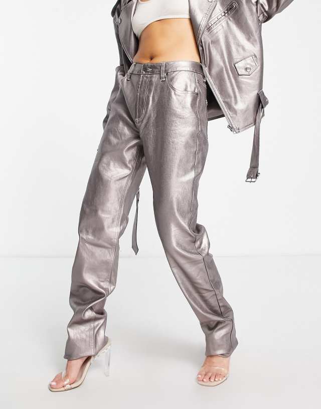 AFRM - mid rise silver metallic denim straight leg boyfriend jean in grey