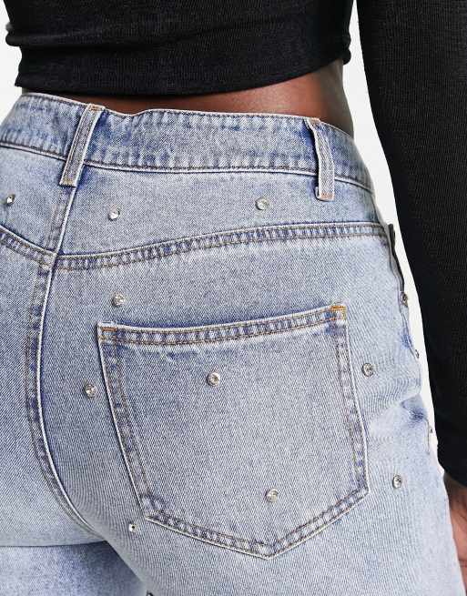 AFRM mid rise studded denim straight leg boyfriend jeans in blue, 3 of 4