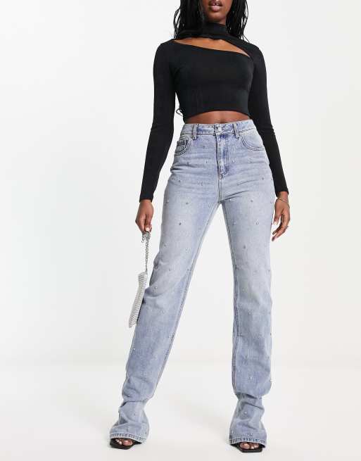 AFRM mid rise studded denim straight leg boyfriend jeans in blue, 4 of 4