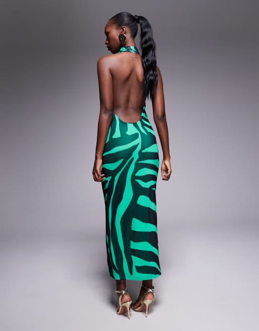 AFRM – Midikleid aus Power-Netzstoff in Grün mit Zebramuster, 2 von 4