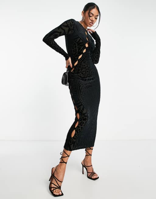 AFRM – Midikleid aus schwarzem Samt mit Zierausschnitten, 4 von 4