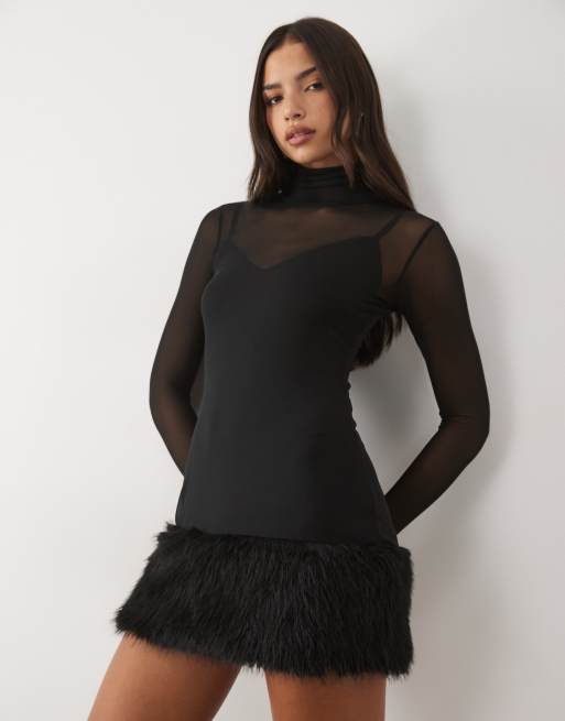 AFRM miniabito Saige in mesh con dettaglio orlo in pelliccia nero, 1 di 4