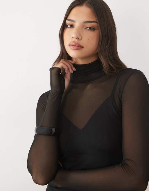 AFRM miniabito Saige in mesh con dettaglio orlo in pelliccia nero, 3 di 4