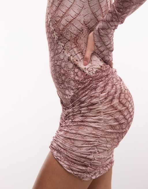 AFRM Mirza mesh round neck ruched detail bodycon mini dress in brown crocodile print, 3 of 4