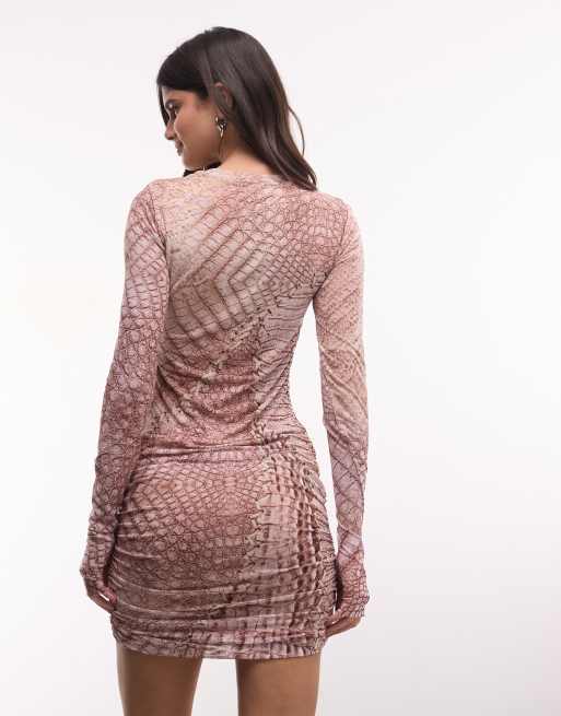 AFRM Mirza mesh round neck ruched detail bodycon mini dress in brown crocodile print, 4 of 4