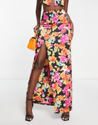 Miso ruched side slit maxi skirt in floral - part of a set-Multi