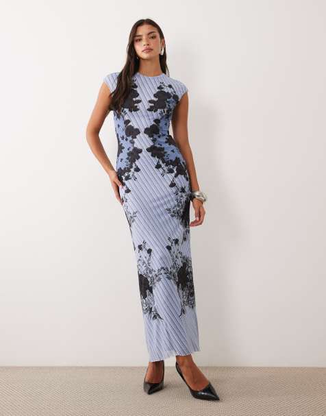 AFRM Mylo mesh jurk met ronde hals, kapmouwen en maxi-lengte in blauwe rozenprint - view 1