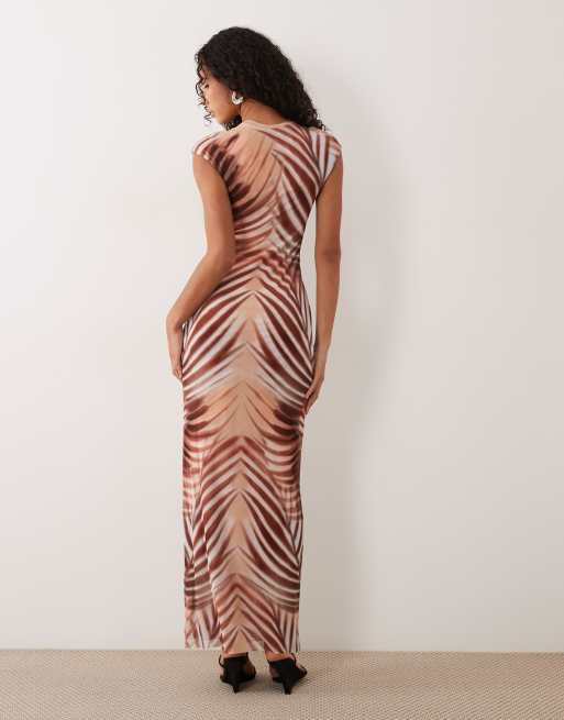 AFRM Mylo mesh round neck cap sleeve maxi dress in brown palm print, 2 of 4