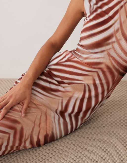 AFRM Mylo mesh round neck cap sleeve maxi dress in brown palm print, 3 of 4