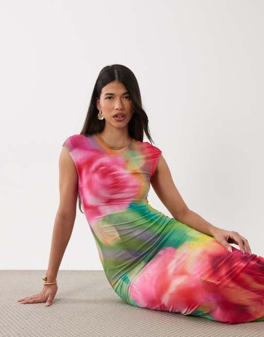 AFRM Mylo printed mesh cap sleeve maxi dress in abstract floral print, 3 of 4