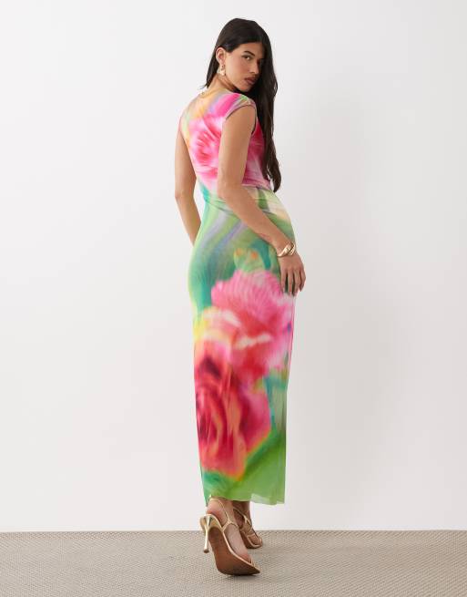 AFRM - Mylo - Robe longue en tulle imprimé fleurs abstrait avec mancherons, 4 de 4