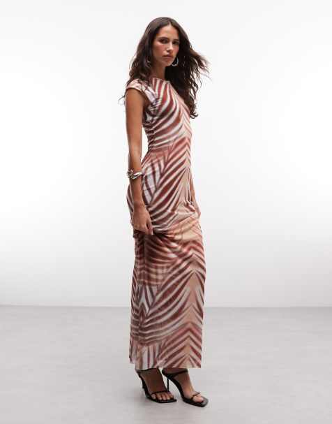 AFRM Mylo - vestido maxi de malla con cuello redondo y manga de casquillo en estampado de palmeras marrón - view 1