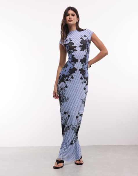 AFRM Mylo - vestido maxi de malla con cuello redondo y manga de casquillo estampado de rosas azules - view 1