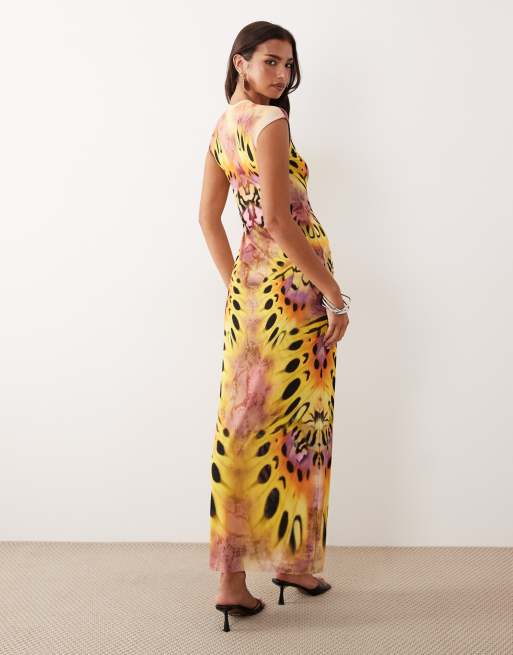 AFRM - Mylo - Vestido midi malva con estampado animal y cuello redondo de malla, 2 de 4