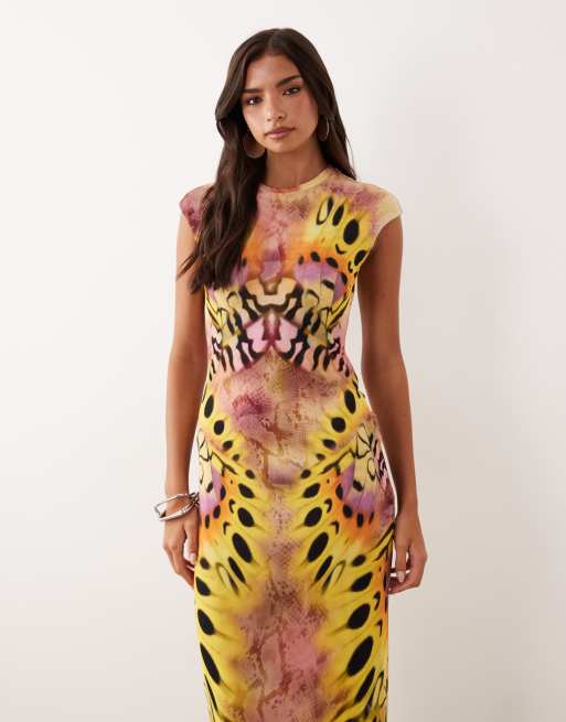 AFRM - Mylo - Vestido midi malva con estampado animal y cuello redondo de malla, 3 de 4
