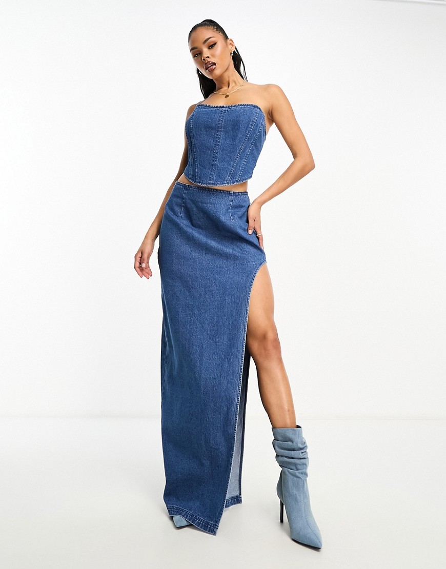 Shop Afrm Nadia Denim Maxi Skirt In Midwash Blue With High Rise Slit - Part Of A Set
