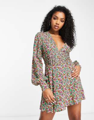 AFRM Nami long sleeve corset lace up floral mini dress in multi ASOS