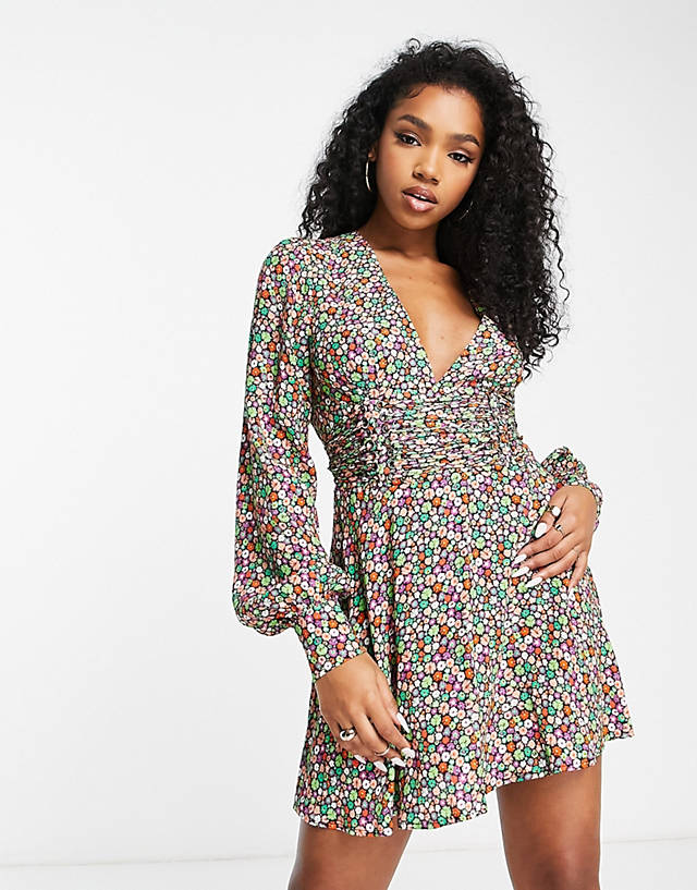 AFRM Nami long sleeve corset lace up floral mini dress in multi