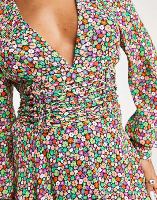 AFRM Nami long sleeve corset lace up floral mini dress in