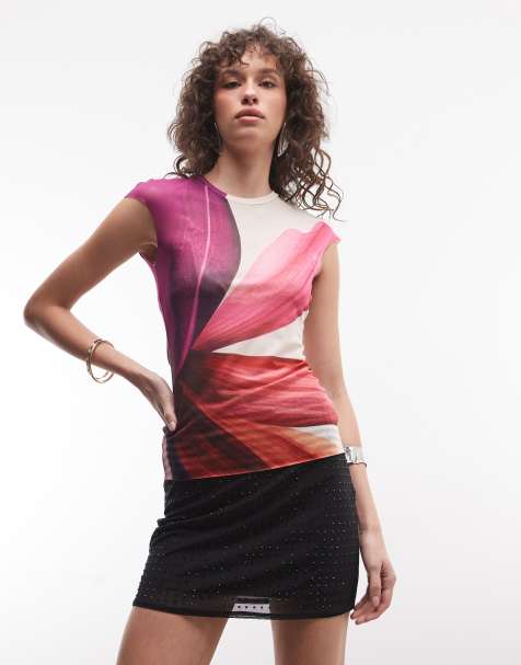 AFRM Nina printed mesh cap sleeve crew neck tee in pink floral - view 1