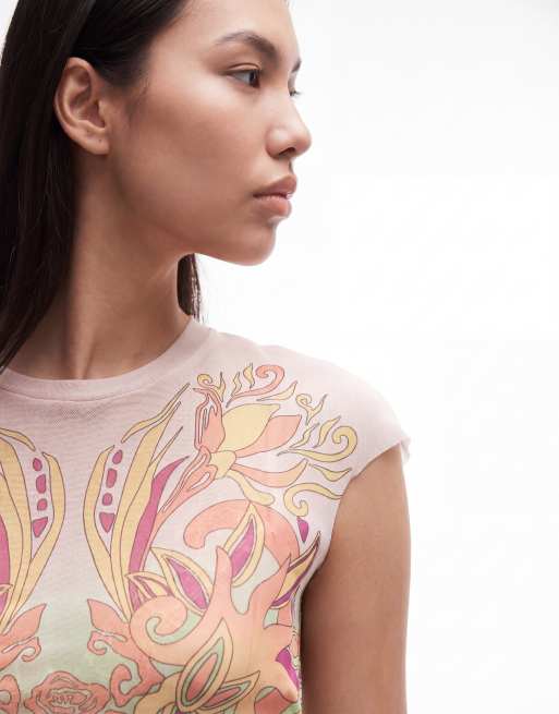 AFRM Nina printed mesh cap sleeve crew neck tee in pink vintage swirl, 3 of 4