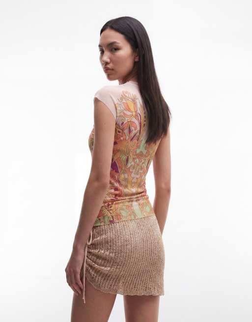 AFRM Nina printed mesh cap sleeve crew neck tee in pink vintage swirl, 4 of 4