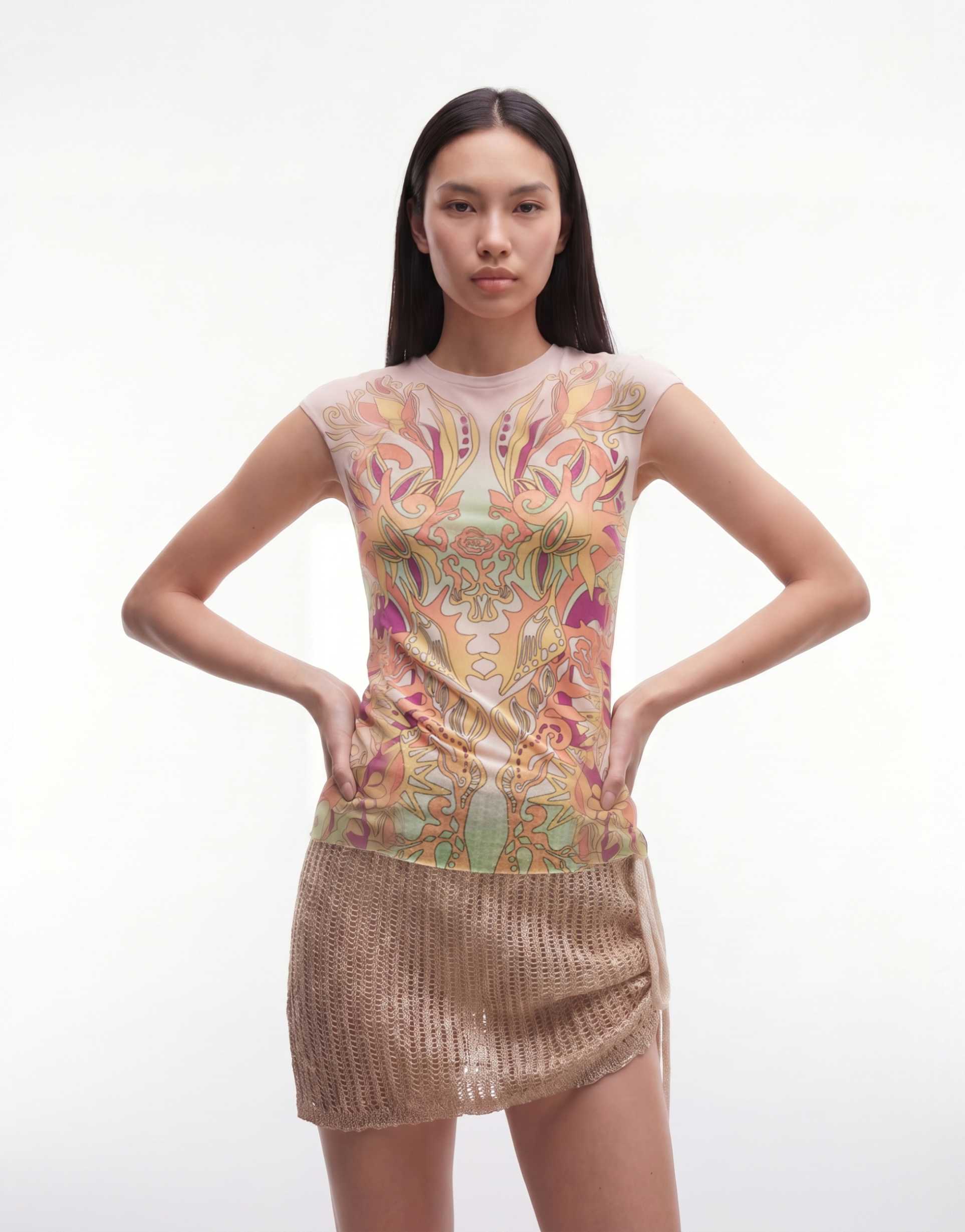 afrm nina printed mesh cap sleeve crewneck tee in pink vintage swirl