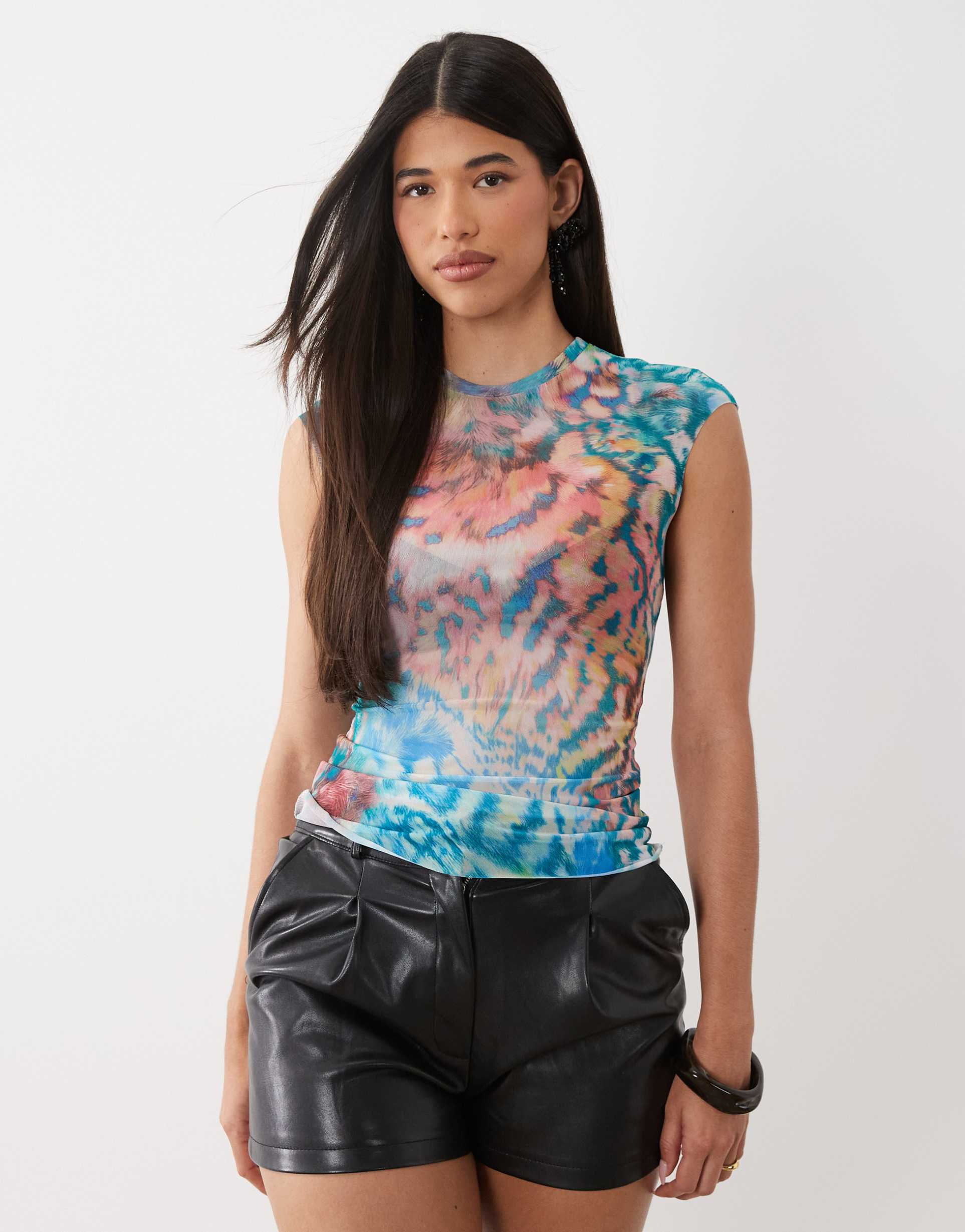 afrm nina printed mesh cap sleeve top in pastel animal print