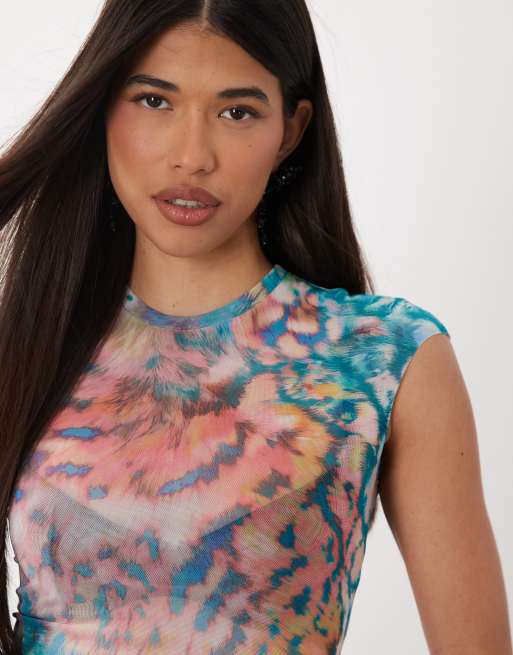 AFRM Nina printed mesh cap sleeve top in pastel animal print, 4 of 4