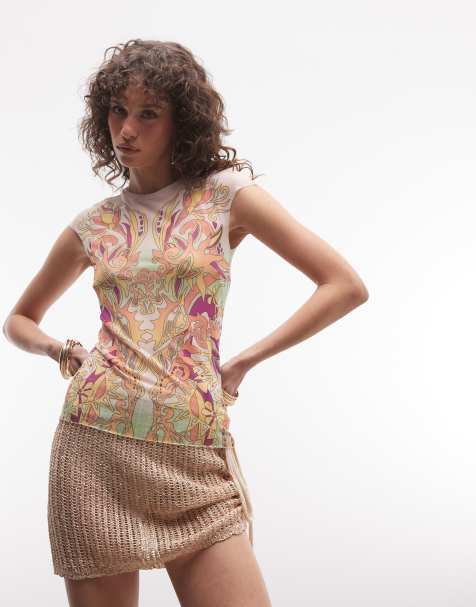 AFRM - Nina - T-shirt girocollo con maniche ad aletta in rete rosa vintage con stampa astratta - view 1