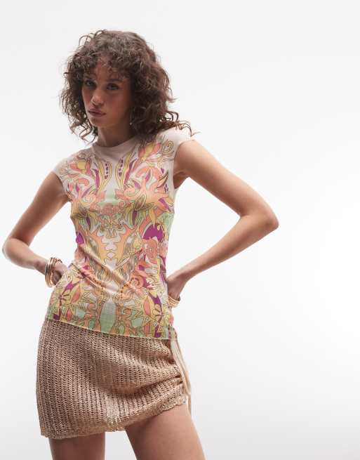 AFRM - Nina - T-shirt ras de cou à manches courtes en tulle à imprimé - Rose multicolore