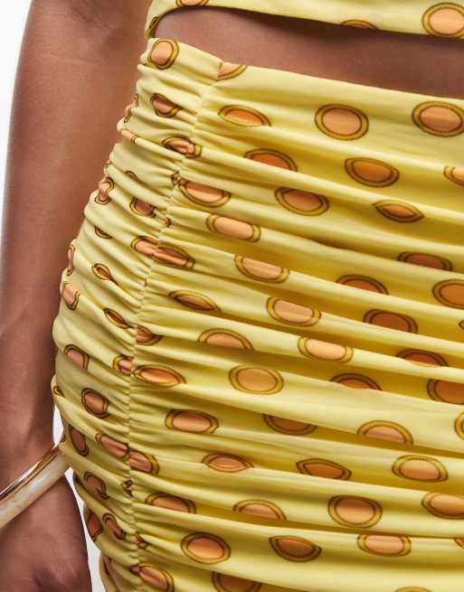 AFRM Noha mesh slim fit ruched knee length skirt co-ord in yellow polka dot, 4 of 5