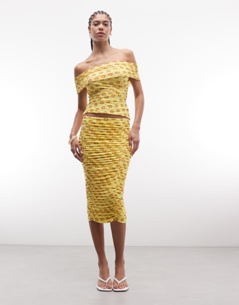 AFRM Noha mesh slim fit ruched knee length skirt in yellow polka dot (part of a set) - view 1
