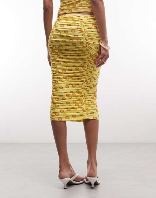 AFRM Noha mesh slim fit ruched knee length skirt in yellow polka dots -  part of a set | ASOS