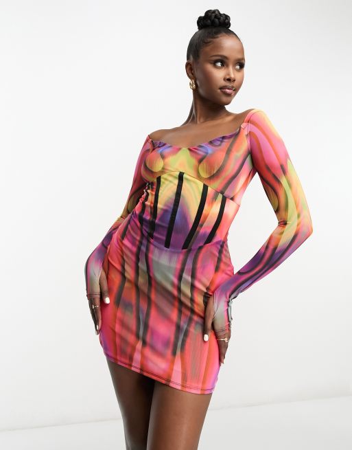 AFRM – Novo – Röd, flerfärgad midiklänning i off shoulder-modell
