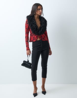 Afrm Nymia Faux Fur Collar Cardigan In Red