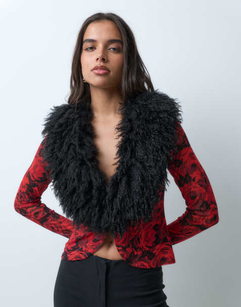 AFRM Nymia power mesh faux fur collar cardigan in red floral - view 1