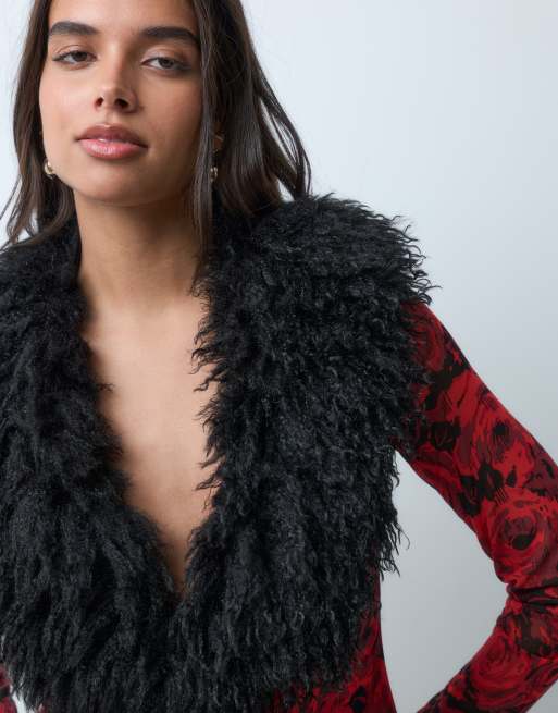 AFRM Nymia power mesh faux fur collar cardigan in red floral, 2 of 5