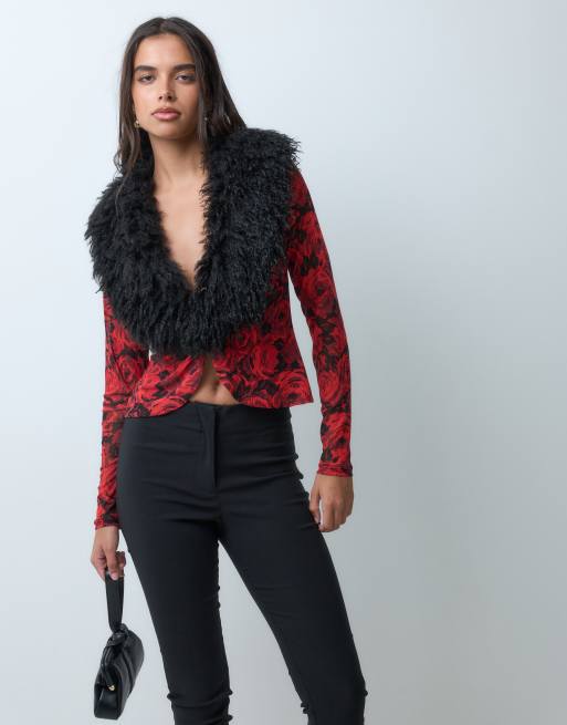 AFRM Nymia power mesh faux fur collar cardigan in red floral, 3 of 5