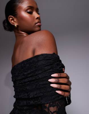 Afrm Off The Shoulder Long Sleeve Lace Bodysuit In Black